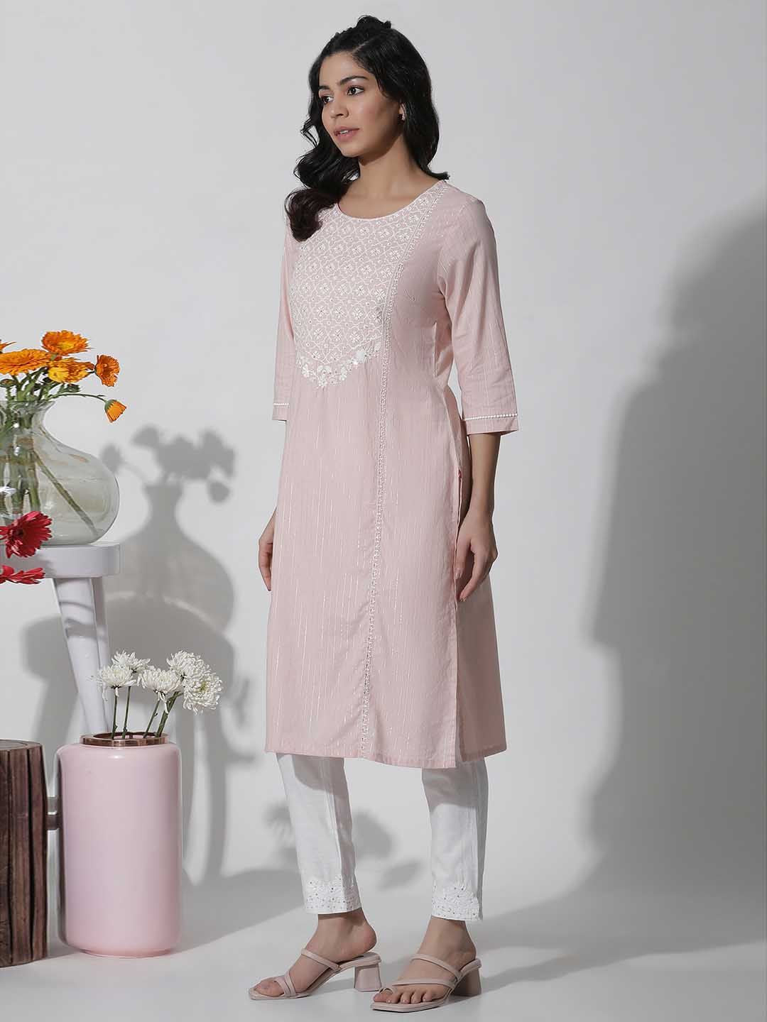 W Floral Yoke Design Thread Work Straight Kurta