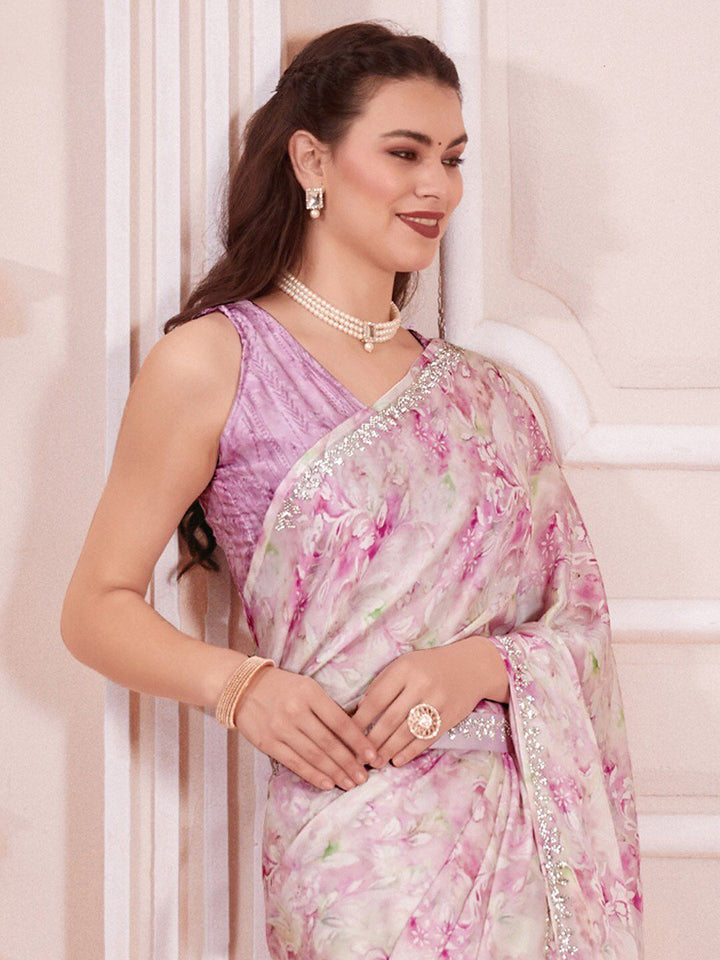 Saree mall Floral Printed Beads & Stones Satin Saree