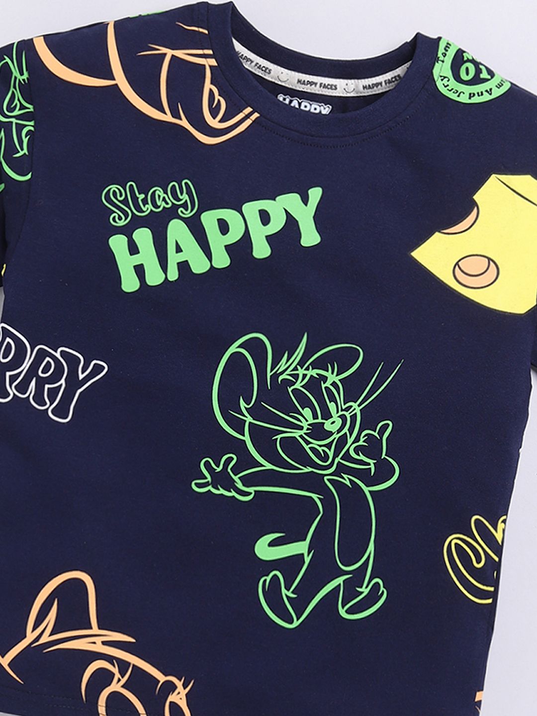 Happy Faces Boys Tom & Jerry Print Drop-Shoulder Sleeves Pure Cotton T-shirt