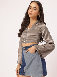 DressBerry Satin Dream Embroidered Trims Flared Sleeve Crop Top