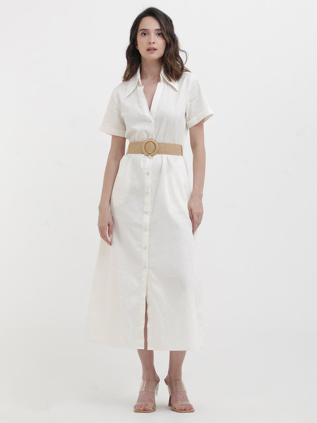 RAREISM Shirt Collar Cotton A-Line Midi Dress