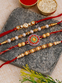 eCraftIndia Set of 4 Stones Studded & Pearls Beaded Thread Rakhis With Ferrero Rocher