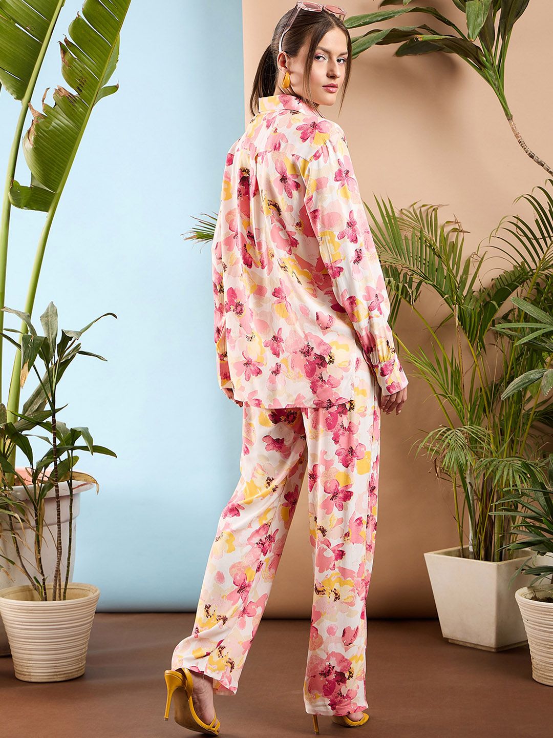 SASSAFRAS Pink Floral Printed Oversize Shirt & Trousers