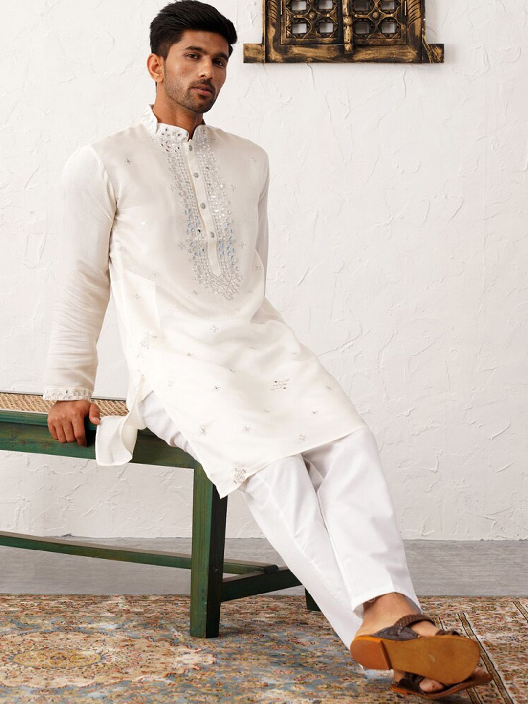 Jompers Floral Embroidered Mirror Work Mandarin Collar Cotton Silk Straight Kurta