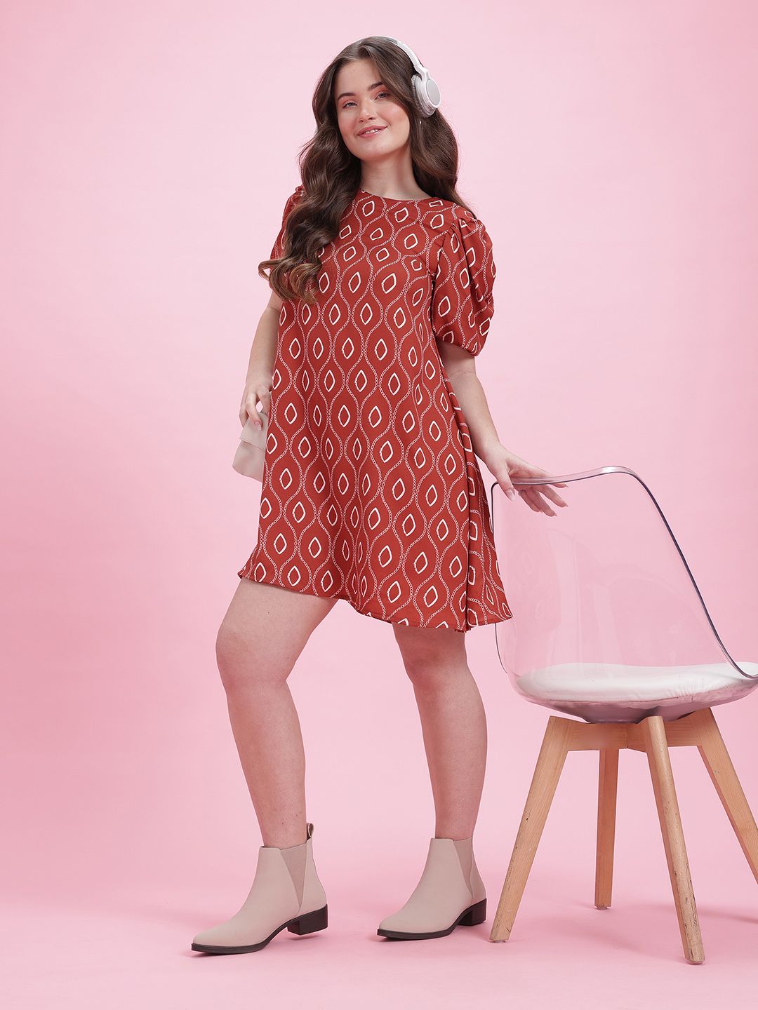 DressBerry Print Puff Sleeve A-Line Dress