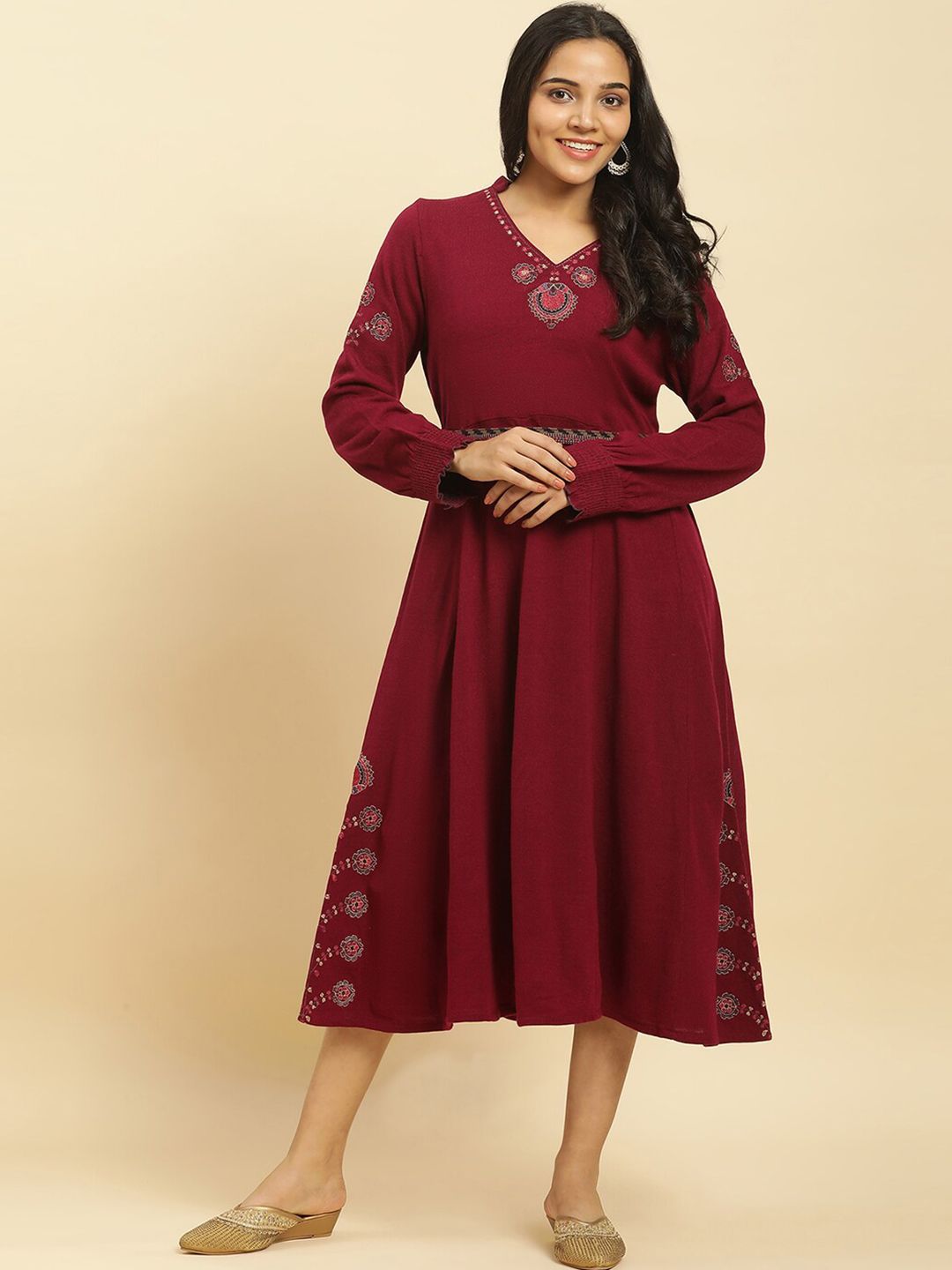 W Ethnic Motifs Embroidered Long Sleeves Acrylic Fit & Flare Midi Ethnic Dress
