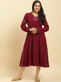 W Ethnic Motifs Embroidered Long Sleeves Acrylic Fit & Flare Midi Ethnic Dress