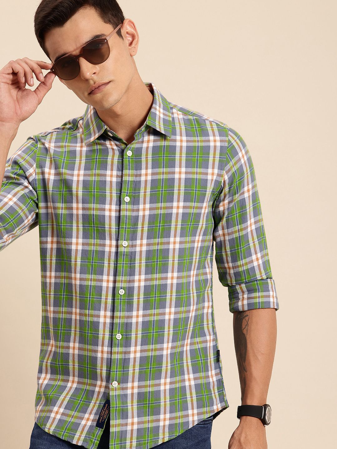 Being Human Pure Cotton Slim Fit Checked Casual Shirt