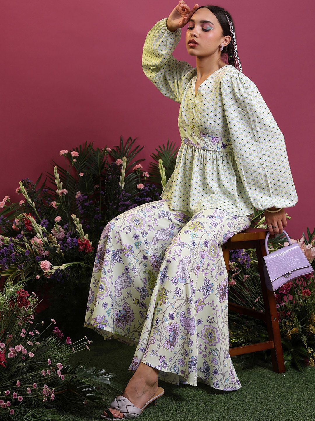 Vishudh  Floral Printed A-Line Top With Flared Palazzos