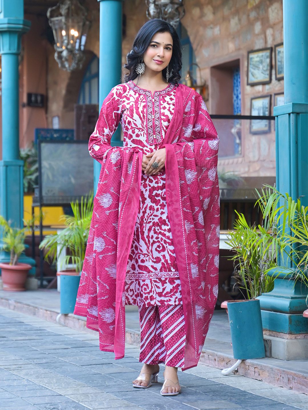Varanga Floral Printed Round Neck Straight Kurta With Trousers & Dupatta