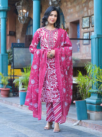 Varanga Floral Printed Round Neck Straight Kurta With Trousers & Dupatta