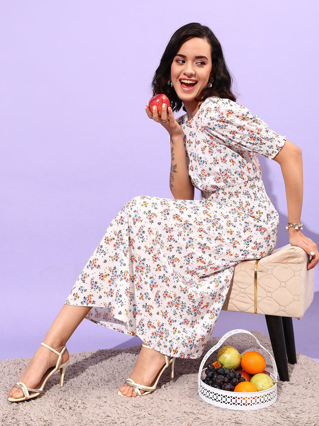 STREET 9 Floral Printed Smocking Detail Dress