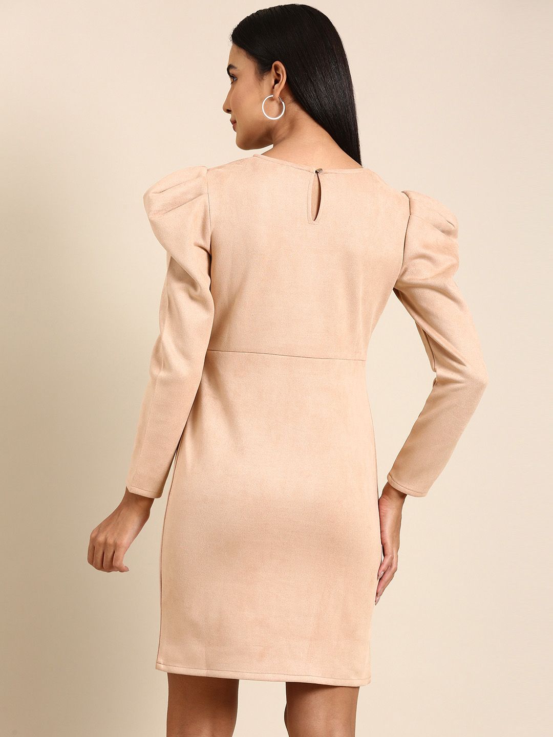 Athena Cream-Coloured Solid Above Knee Sheath Dress