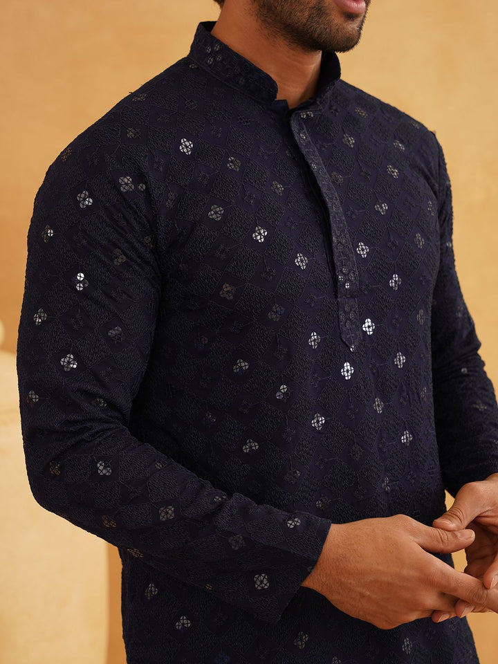 SOJANYA Geometric Embroidered Mandarin Collar Sequinned Pure Cotton Kurta With Churidar