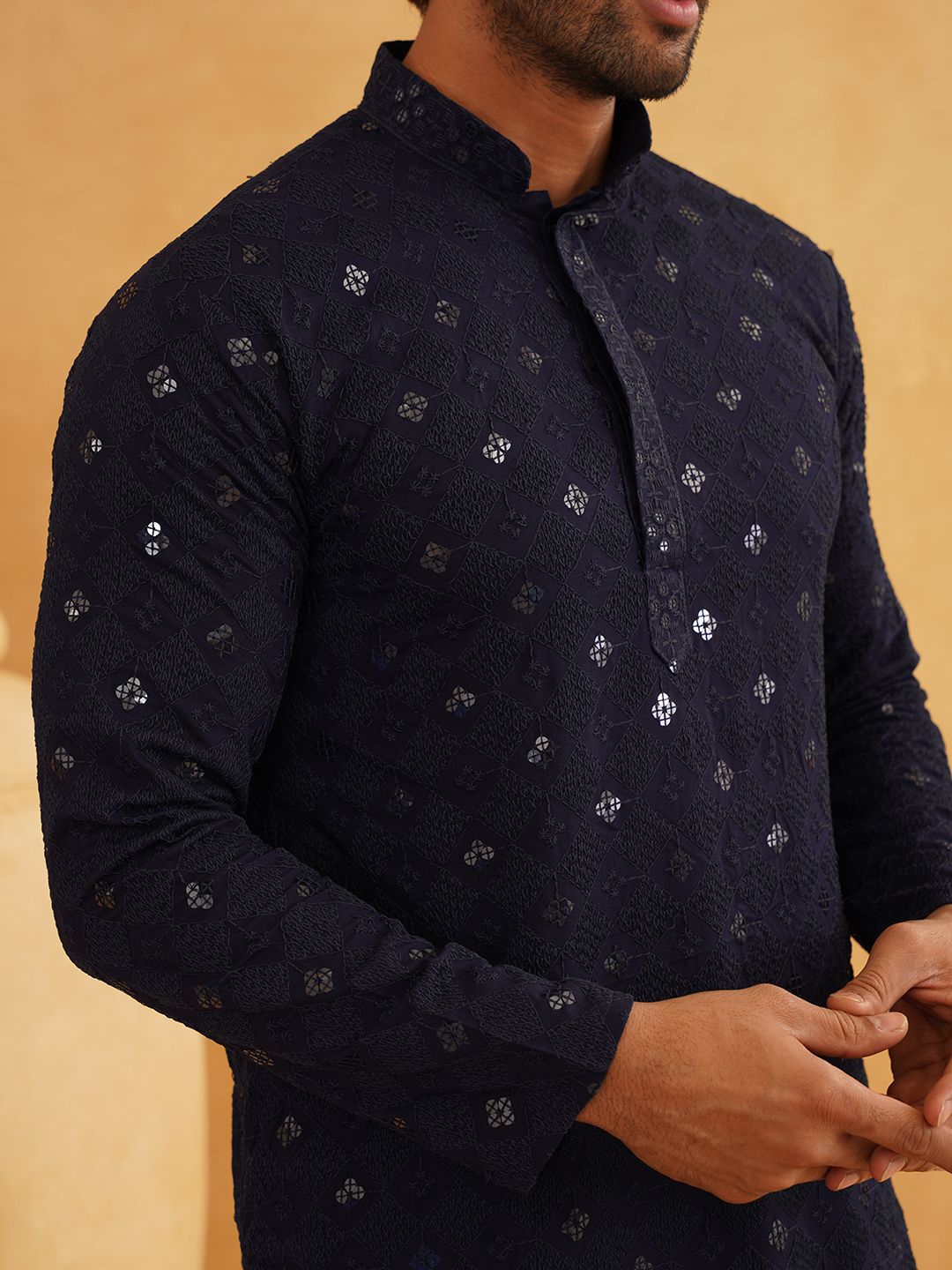 SOJANYA Geometric Embroidered Mandarin Collar Sequinned Pure Cotton Kurta With Churidar
