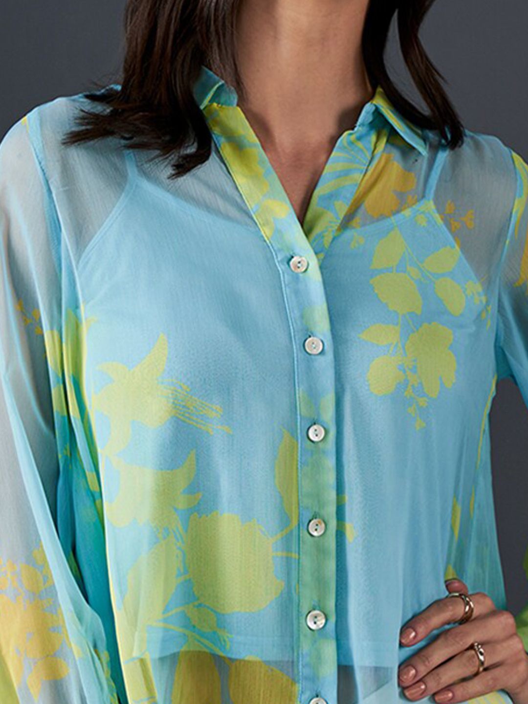 AND Abstract Printed Cuffed Sleeves Shirt Collar Style Top