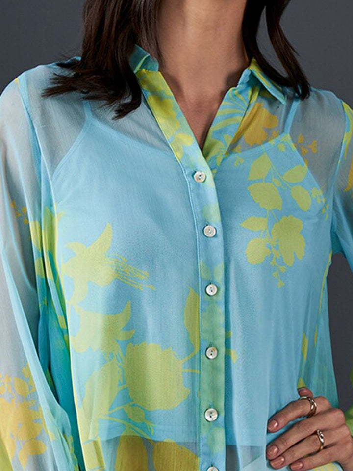 AND Abstract Printed Cuffed Sleeves Shirt Collar Style Top