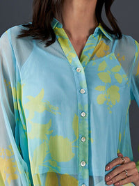 AND Abstract Printed Cuffed Sleeves Shirt Collar Style Top