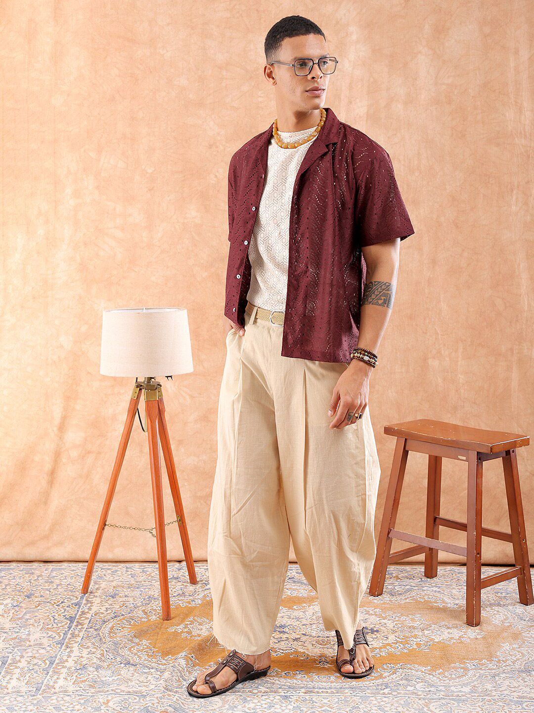 The Indian Garage Co Men Relaxed Fit Solid Warp Knit Lace Resortwear Shirt