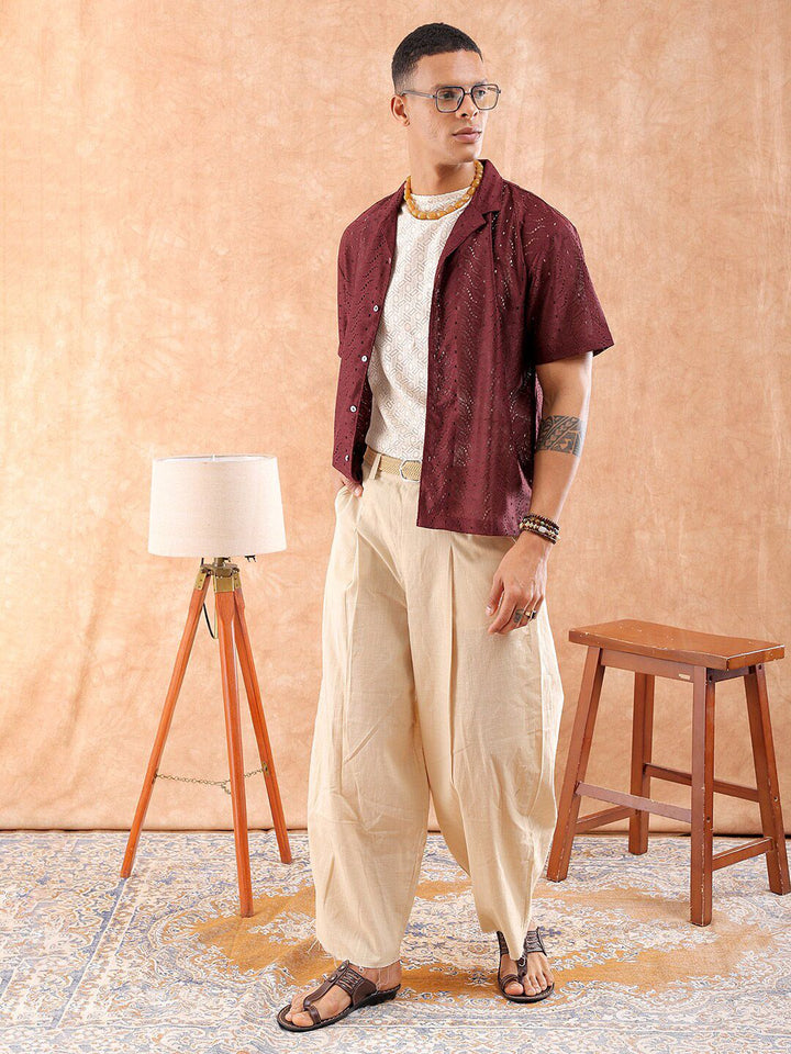 The Indian Garage Co Men Relaxed Fit Solid Warp Knit Lace Resortwear Shirt