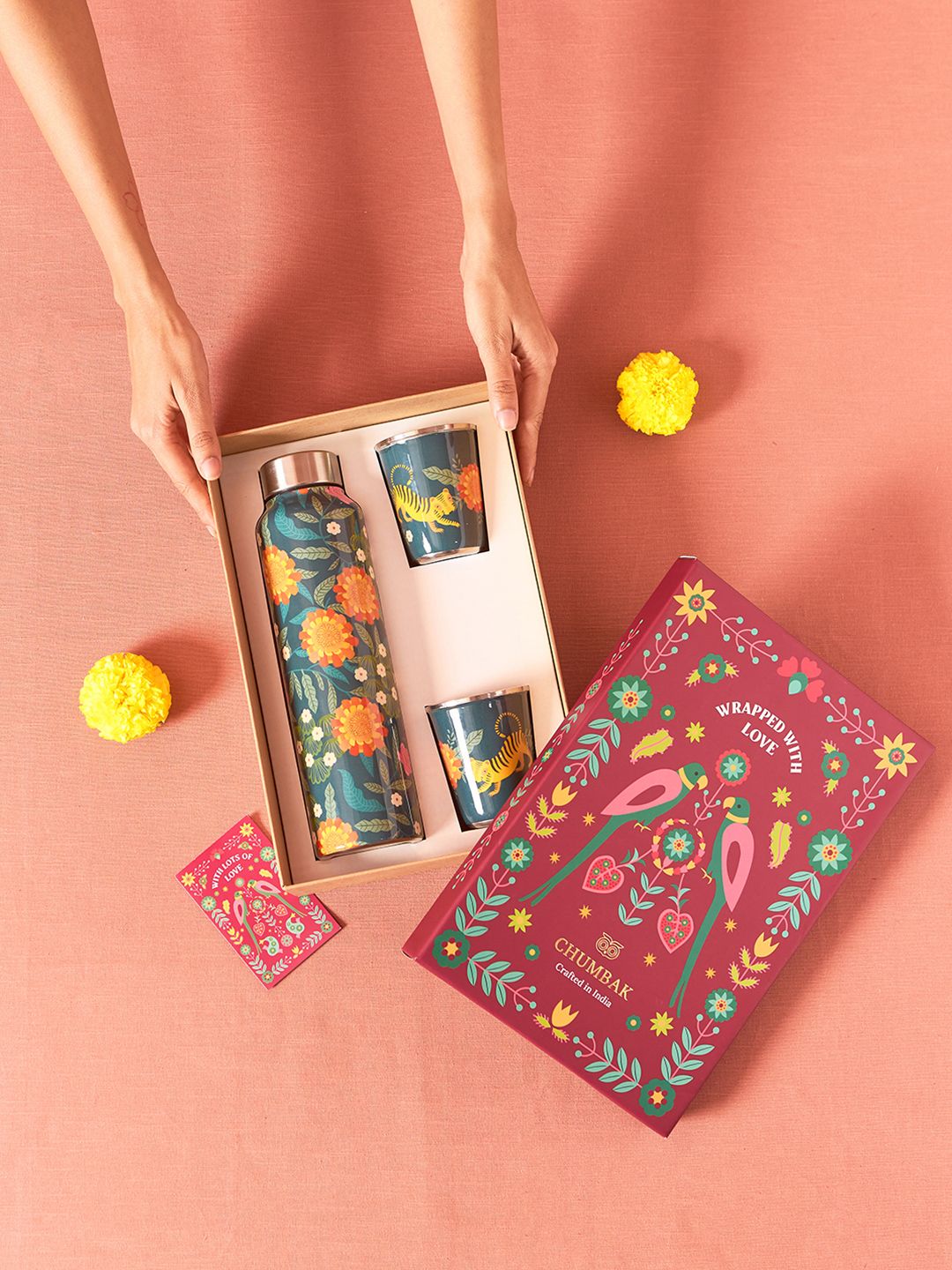 Chumbak Marigold Green & Yellow 3 Pieces Printed Stainless Steel Drinkware Gift Set