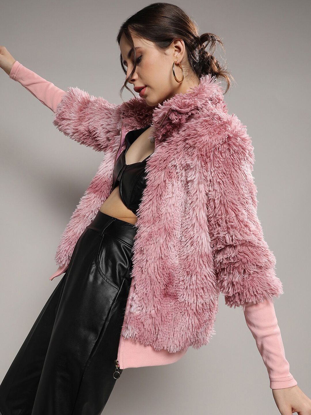 Kampus Sutra Pink Mock Collar Windcheater Faux Fur Furored Jaket