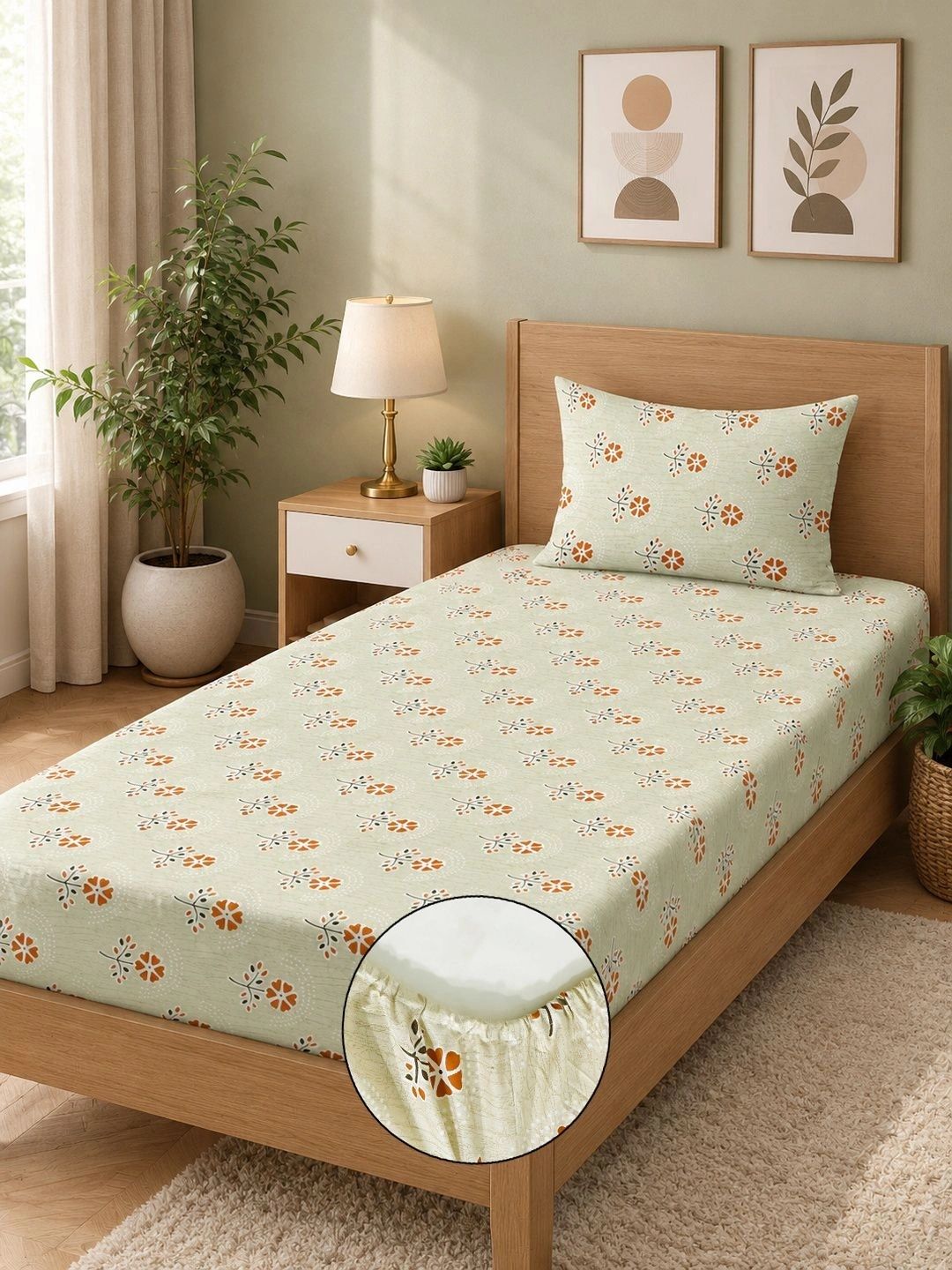 Moda Rapido X KLOTTHE Yellow & Orange Floral 400 TC Single Bedsheet with 1 Pillow Covers