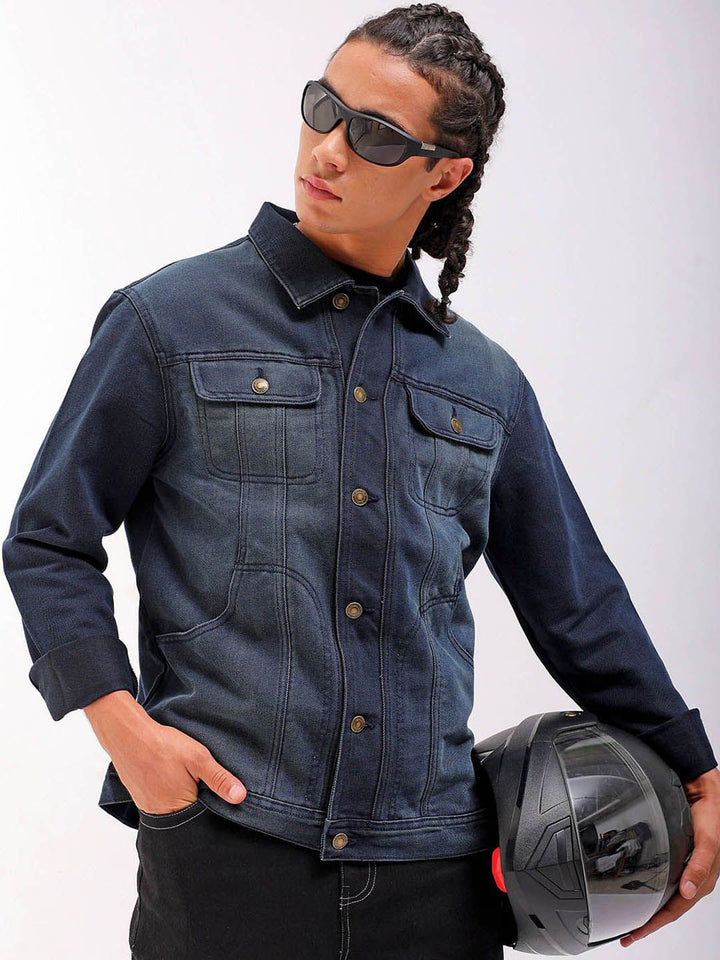 The Indian Garage Co Washed Checked Crop Denim Jacket with Patchwork