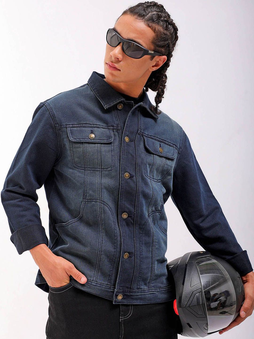 The Indian Garage Co Washed Checked Crop Denim Jacket with Patchwork