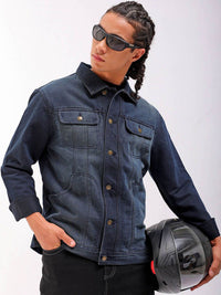 The Indian Garage Co Washed Checked Crop Denim Jacket with Patchwork