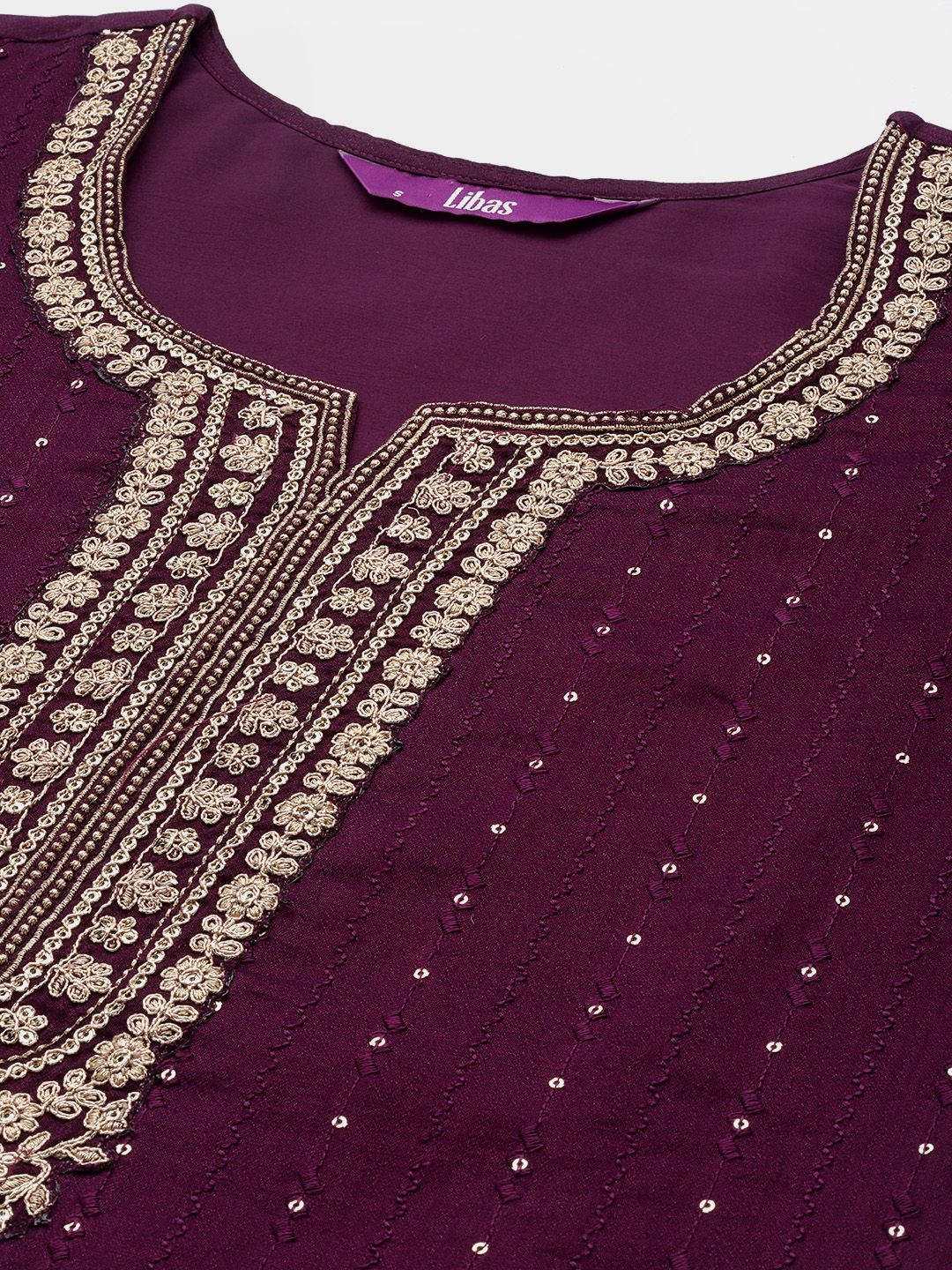 Libas Women Purple Floral Embroidered Sequinned Kurta  with Palazzos & Dupatta