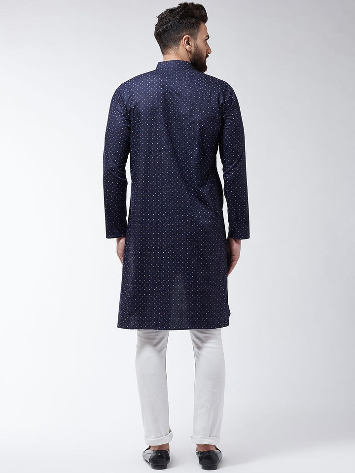 SOJANYA Lelaki Navy Blue Printed Cotton Linen Kurta Lurus
