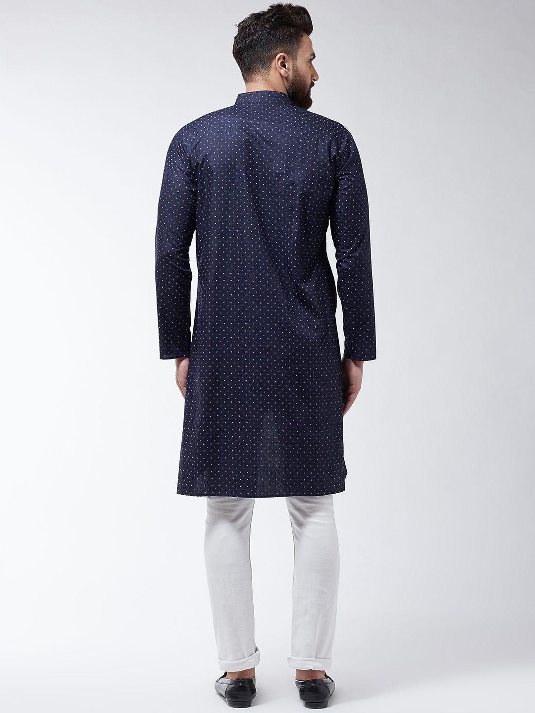 SOJANYA Lelaki Navy Blue Printed Cotton Linen Kurta Lurus