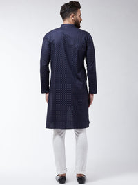 SOJANYA Lelaki Navy Blue Printed Cotton Linen Kurta Lurus