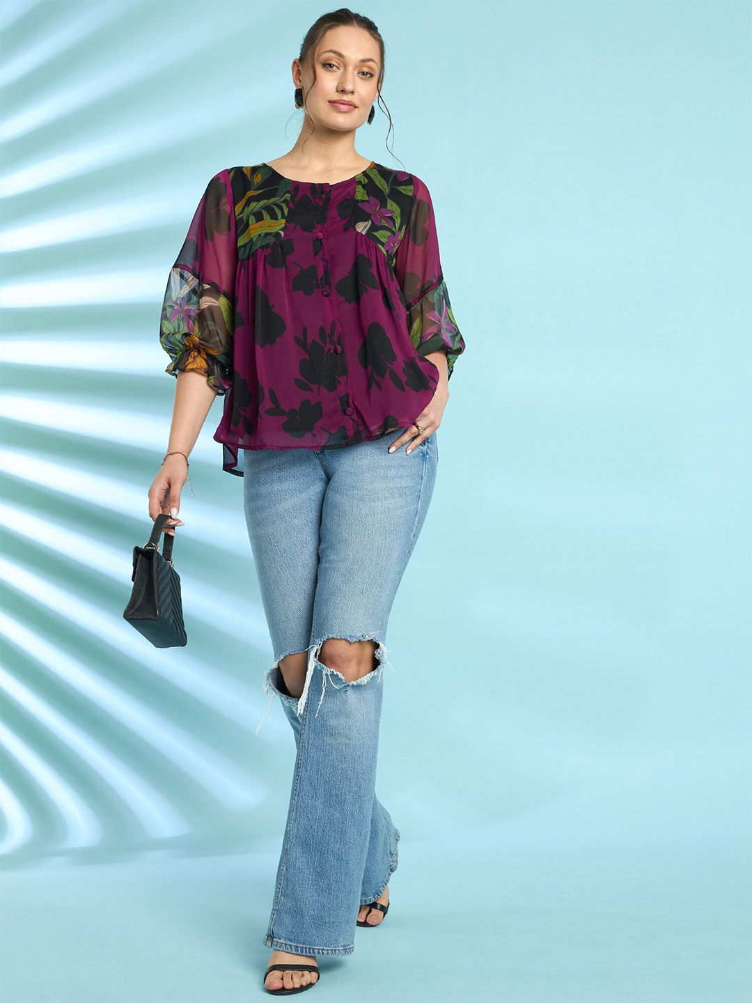 Antheaa Floral Printed Puff Sleeves A-Line Top with Pleated Detail