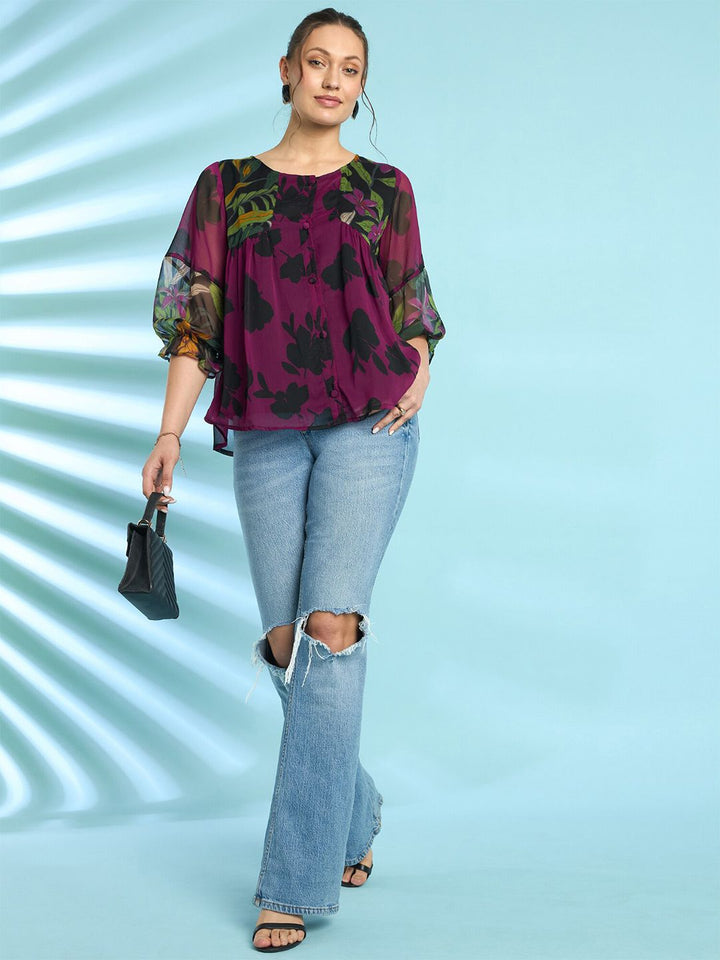 Antheaa Floral Printed Puff Sleeves A-Line Top with Pleated Detail