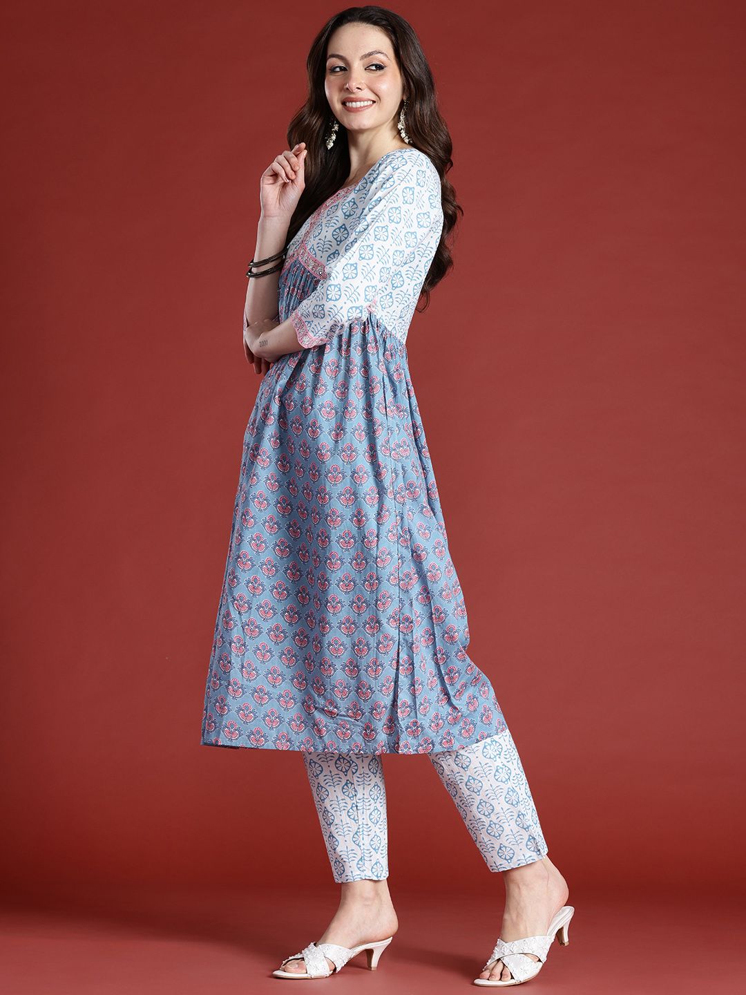 Indo Era Floral Printed Empire Beads and Stones Pure Cotton Kurta with Trousers & Dupatta