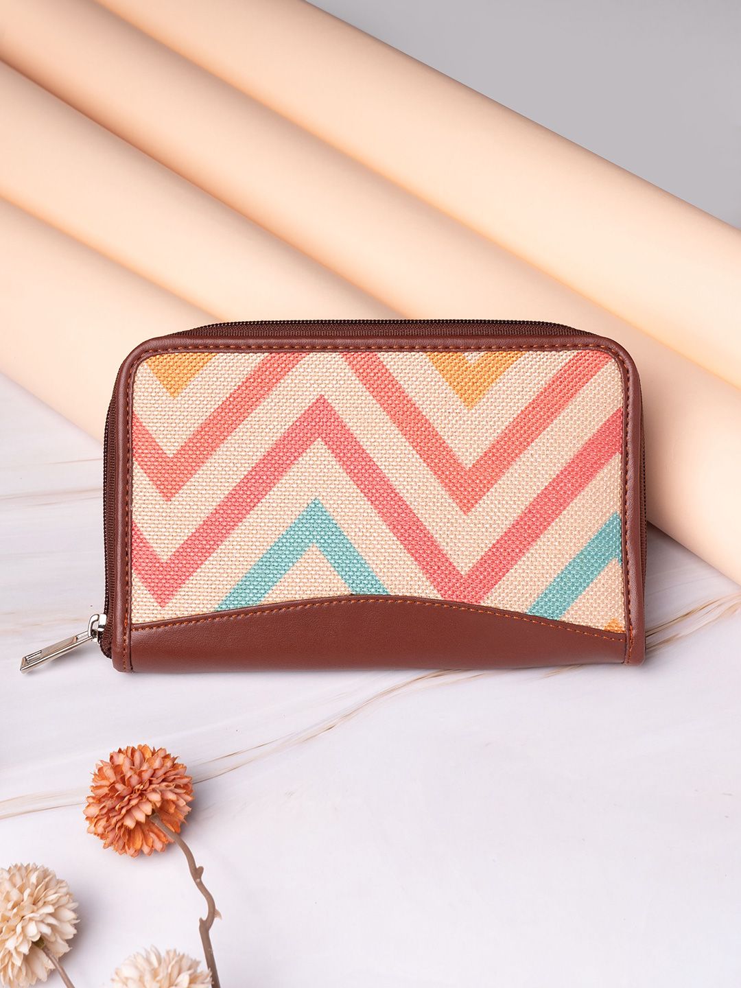 ZOUK Women Multicoloured Printed Vegan Leather Zip Around Wallet