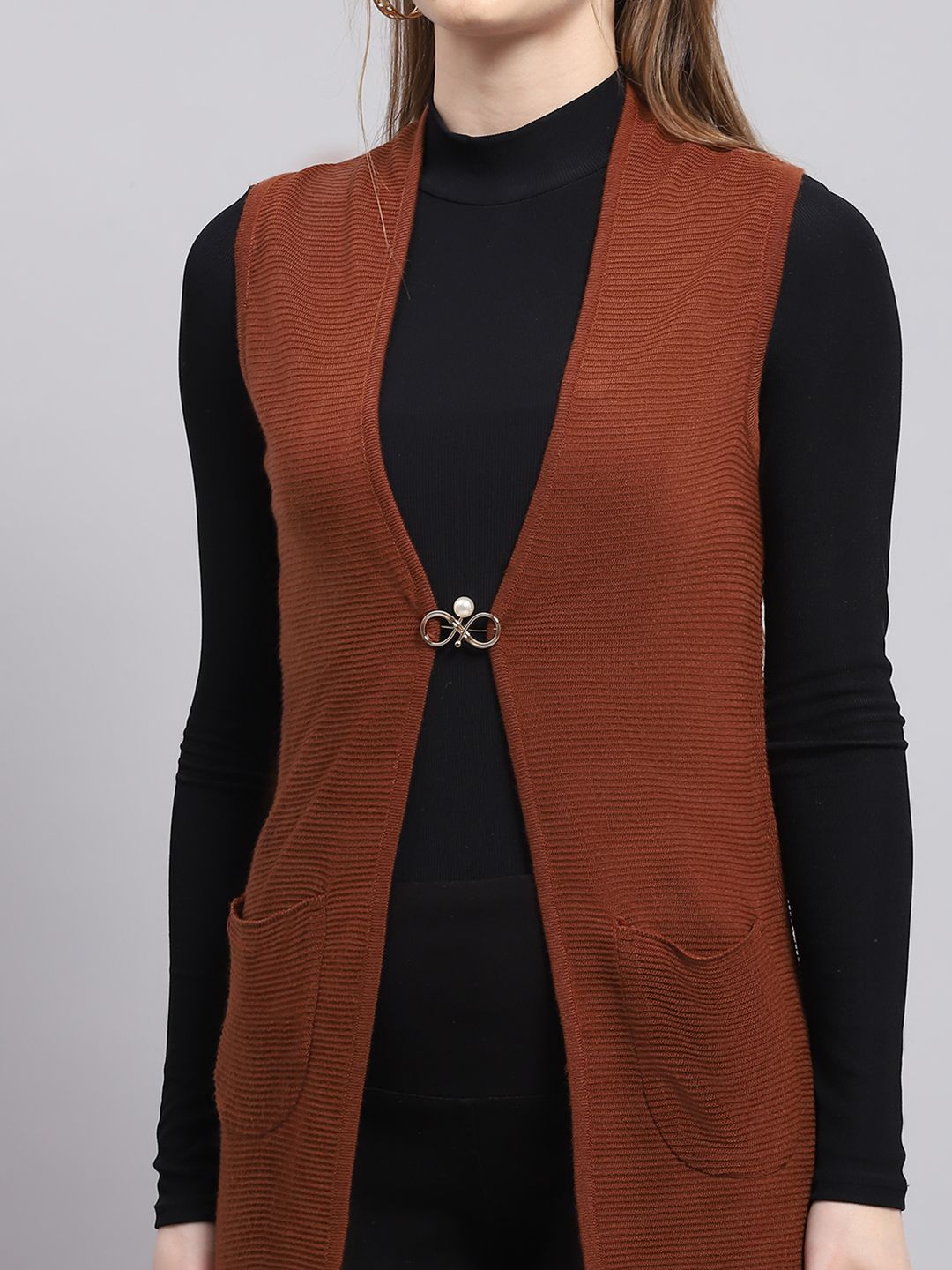 Monte Carlo Collarless Ribbed Front Open Longline Cardigan Sweater Comes With A Brooch