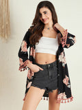 Berrylush Printed Tasselled Longline Shrug