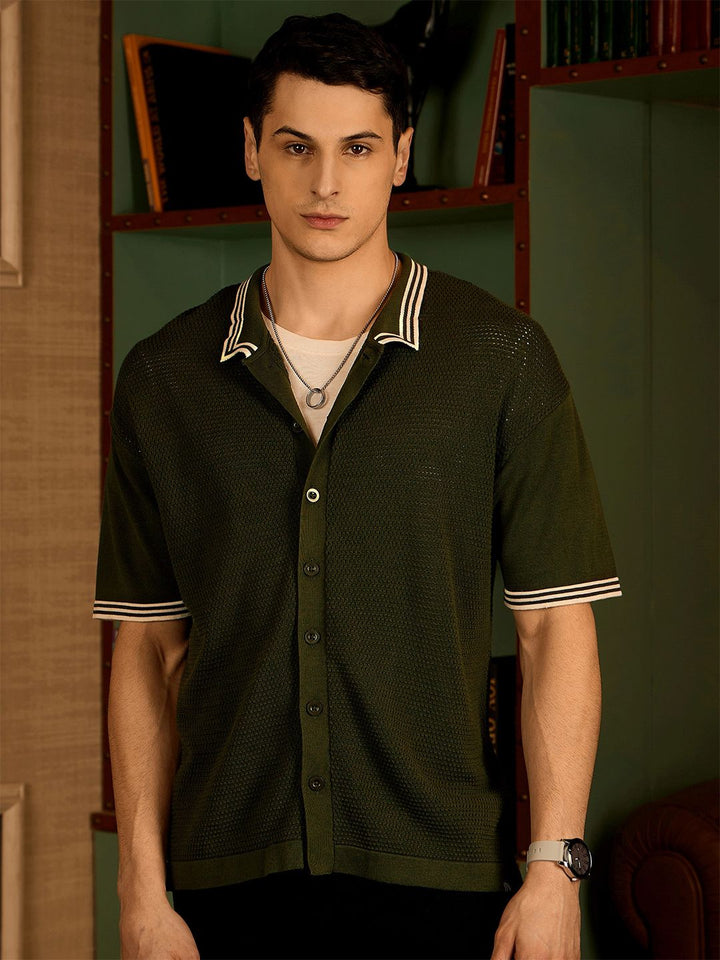 DENNISON Men Stretchex Self Design Polo Collar Cotton Oversized Shirt