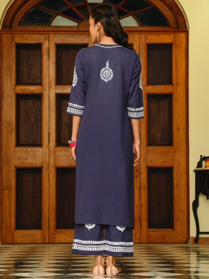 House of Chikankari Women Navy Blue Cotton Chikankari Sulam Set Kurta