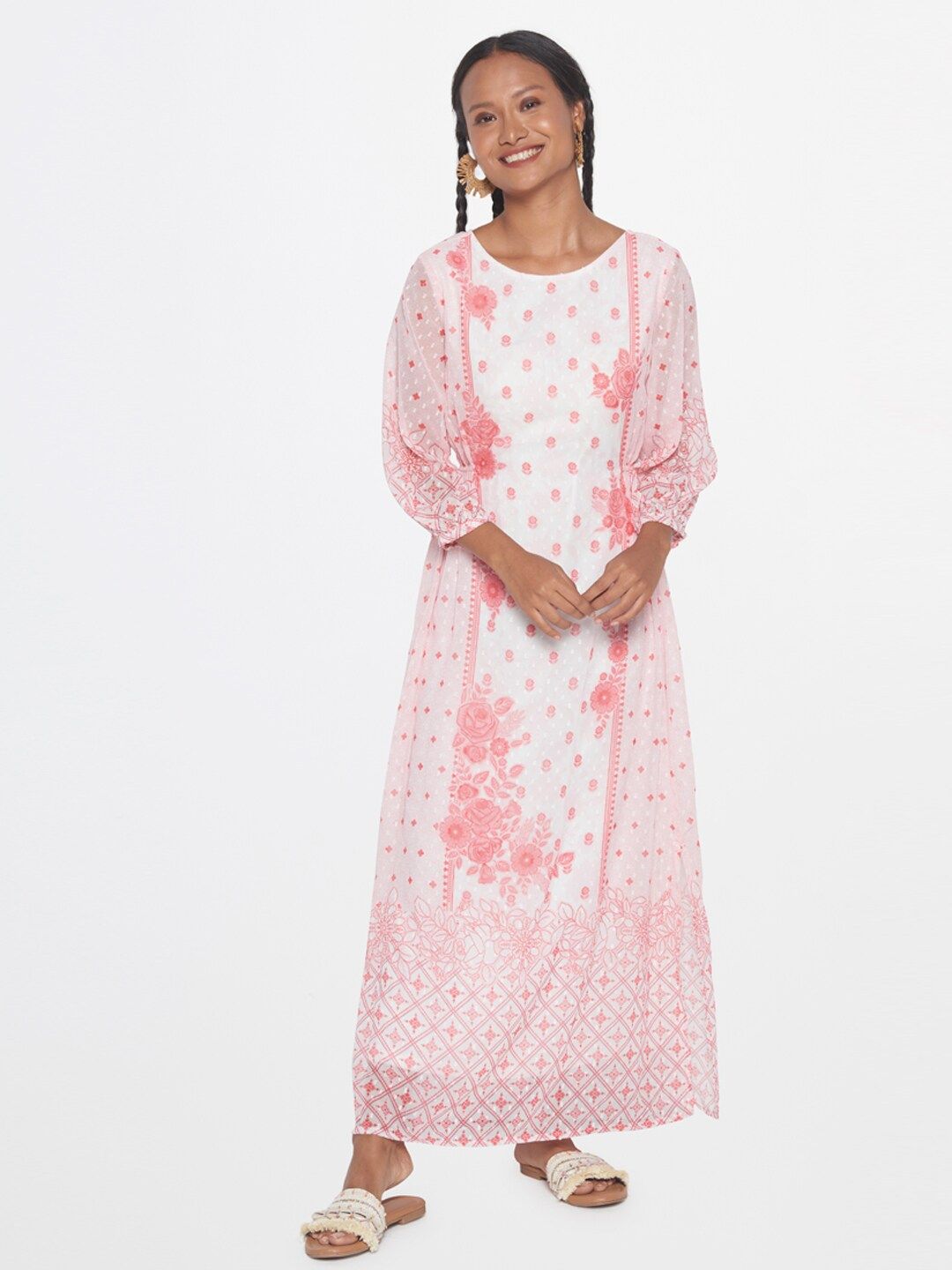 Global Desi Floral Printed Puff Sleeve Maxi Dress