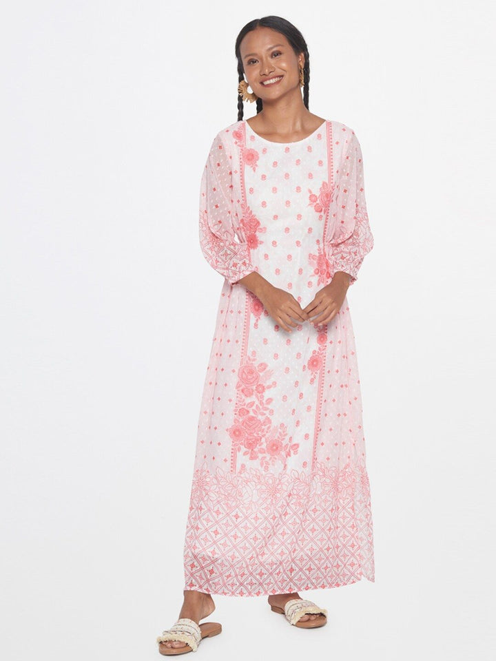 Global Desi Floral Printed Puff Sleeve Maxi Dress
