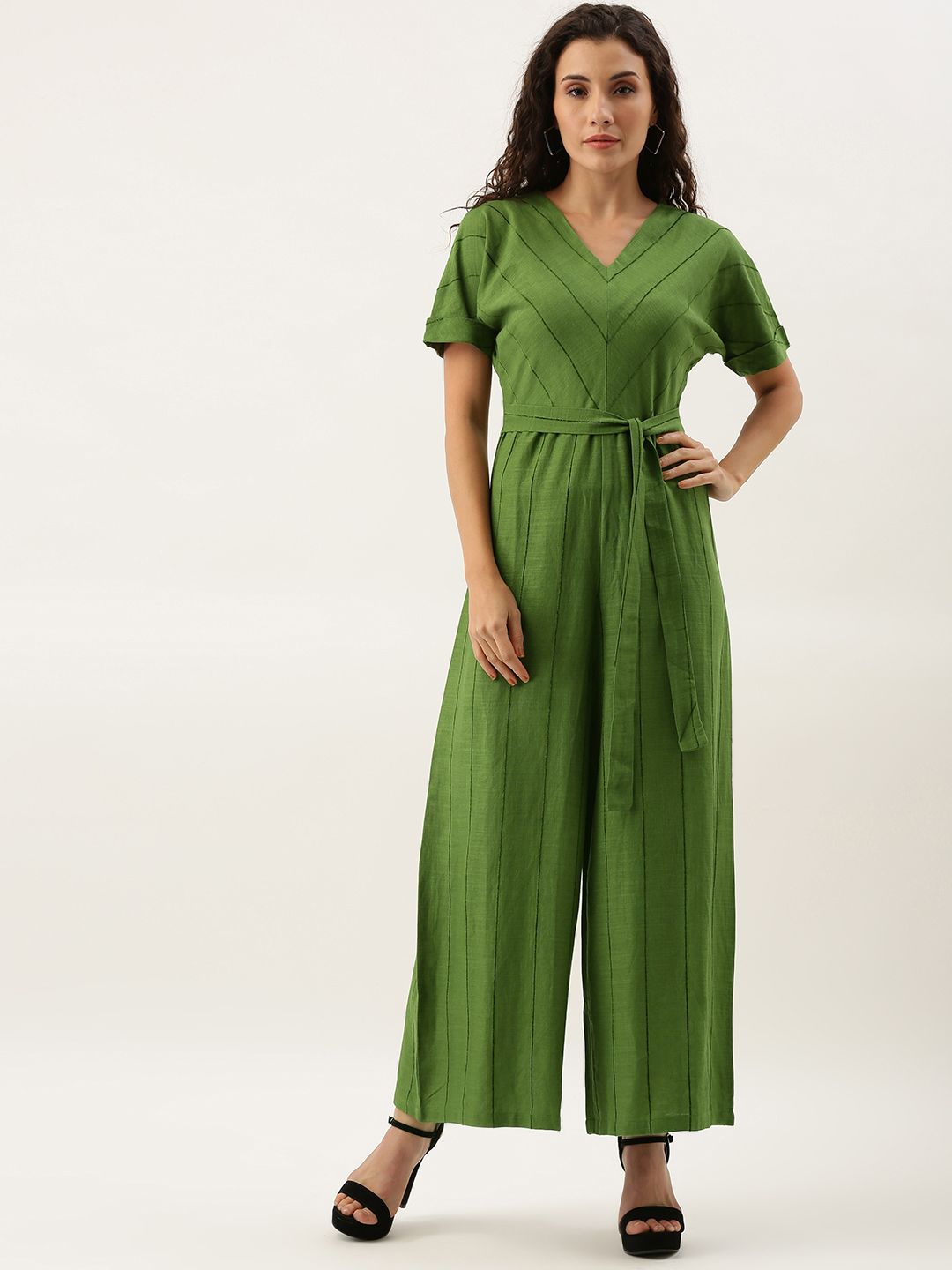 AND Women Olive Green Self-Striped Basic Jumpsuit