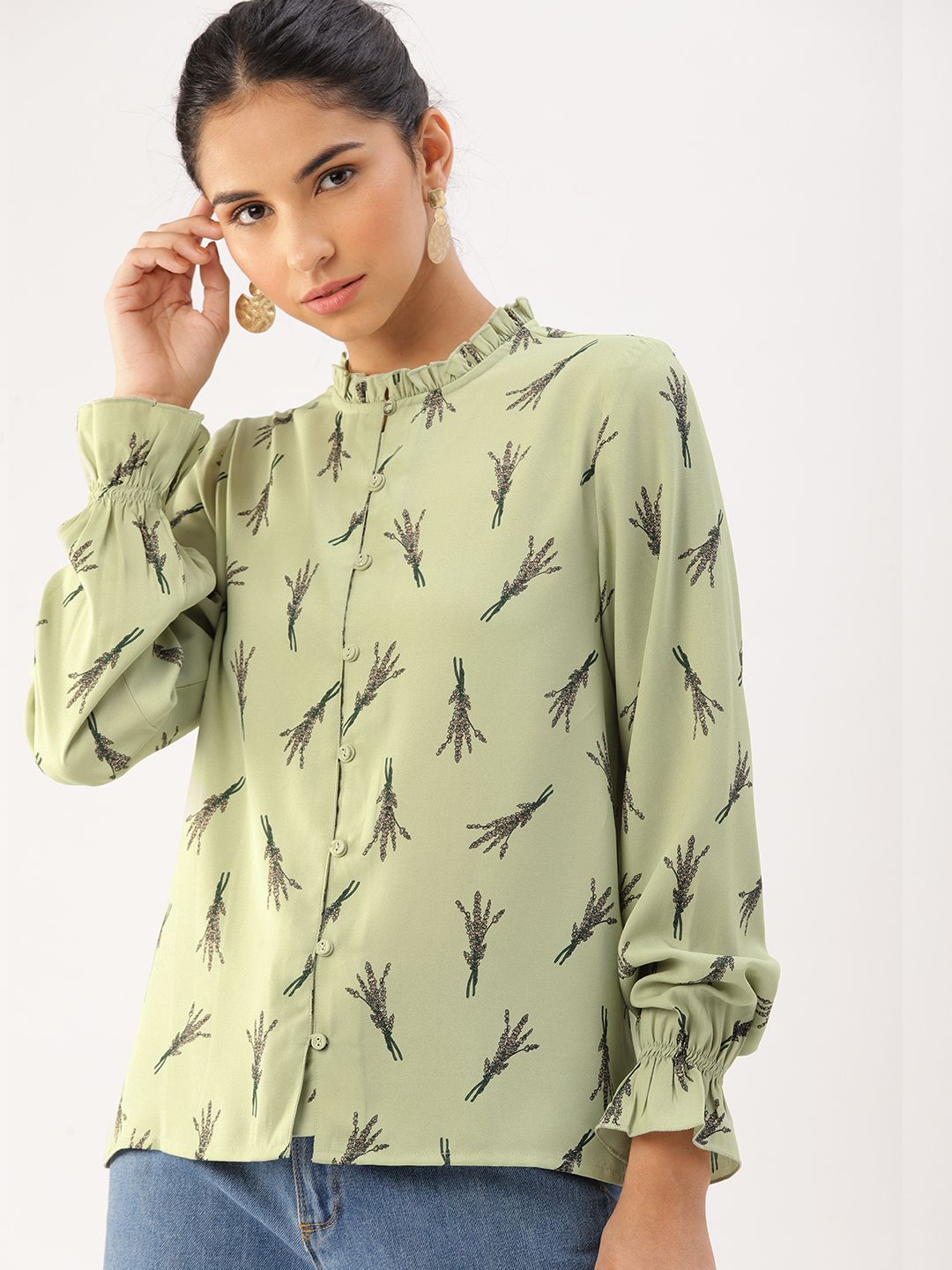 DressBerry Olive Green Floral Shirt Style Top