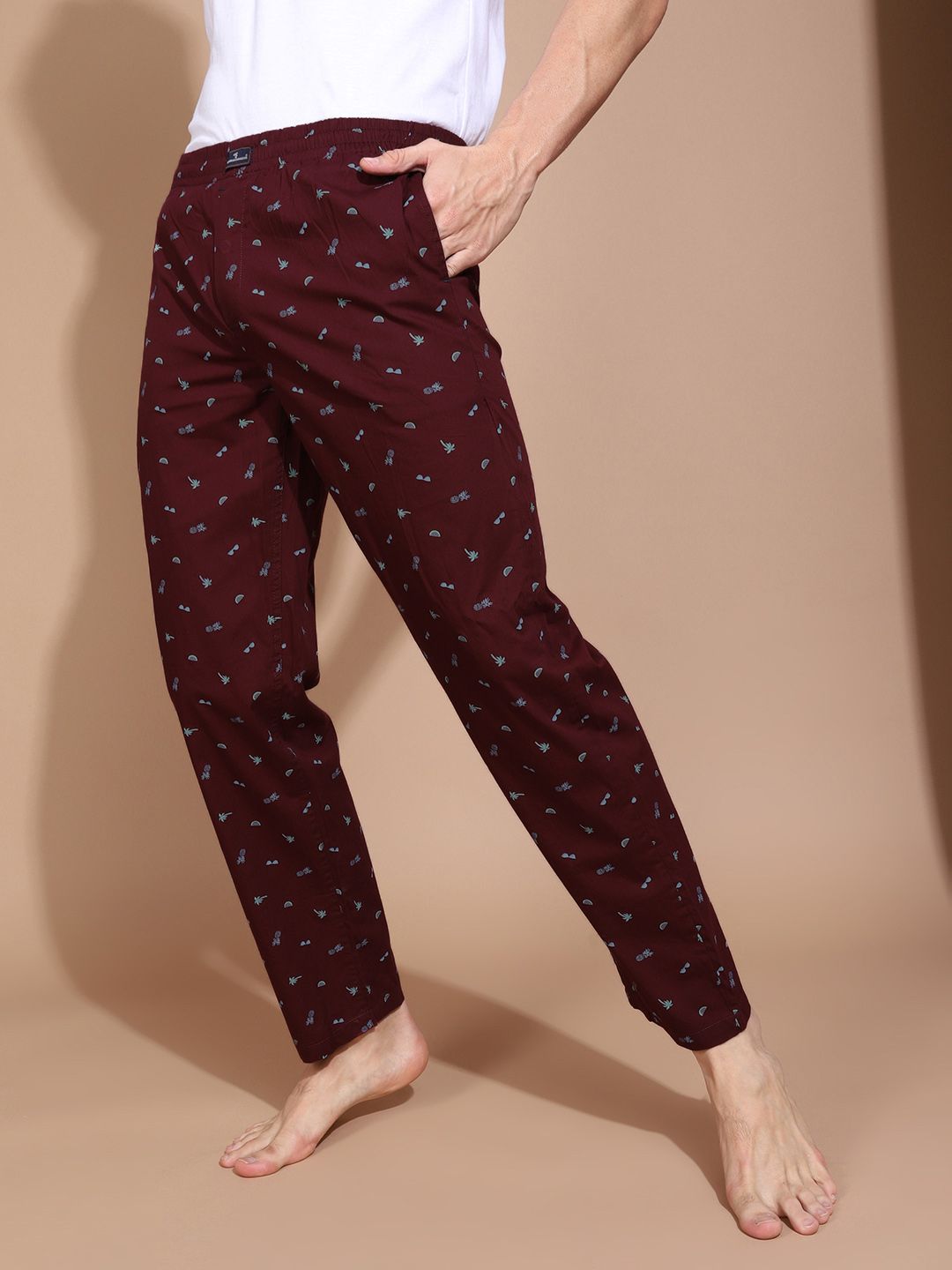 The Indian Garage Co Men's Burgundy and Blue Printed Pure Cotton Lounge Pants