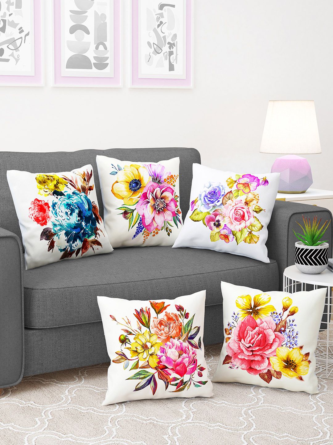 Story@home White & Blue 5 Pieces Floral Square Cushion Covers