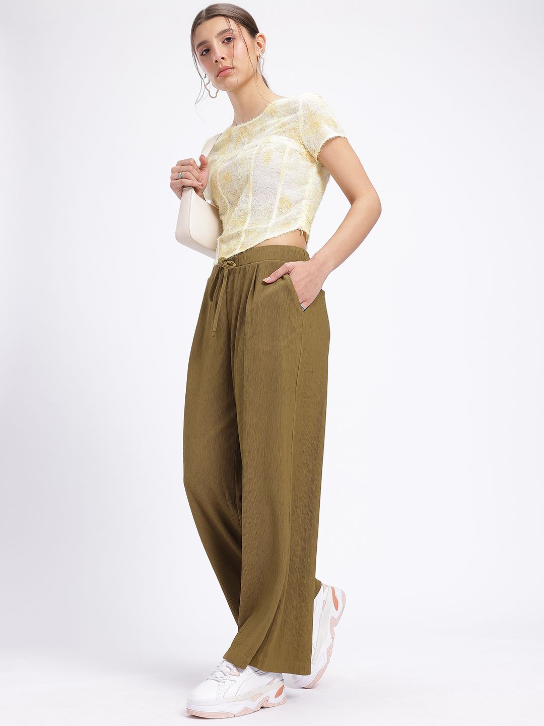 DressBerry Women Wrinkled Stripes Mid-Rise Flared Fit Wide Leg Trousers