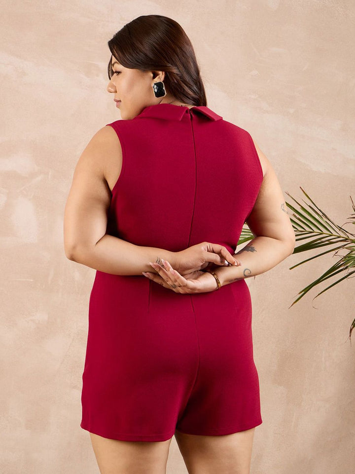 Berrylush Curve Plus Size Lapel Collar Sleeveless Playsuit